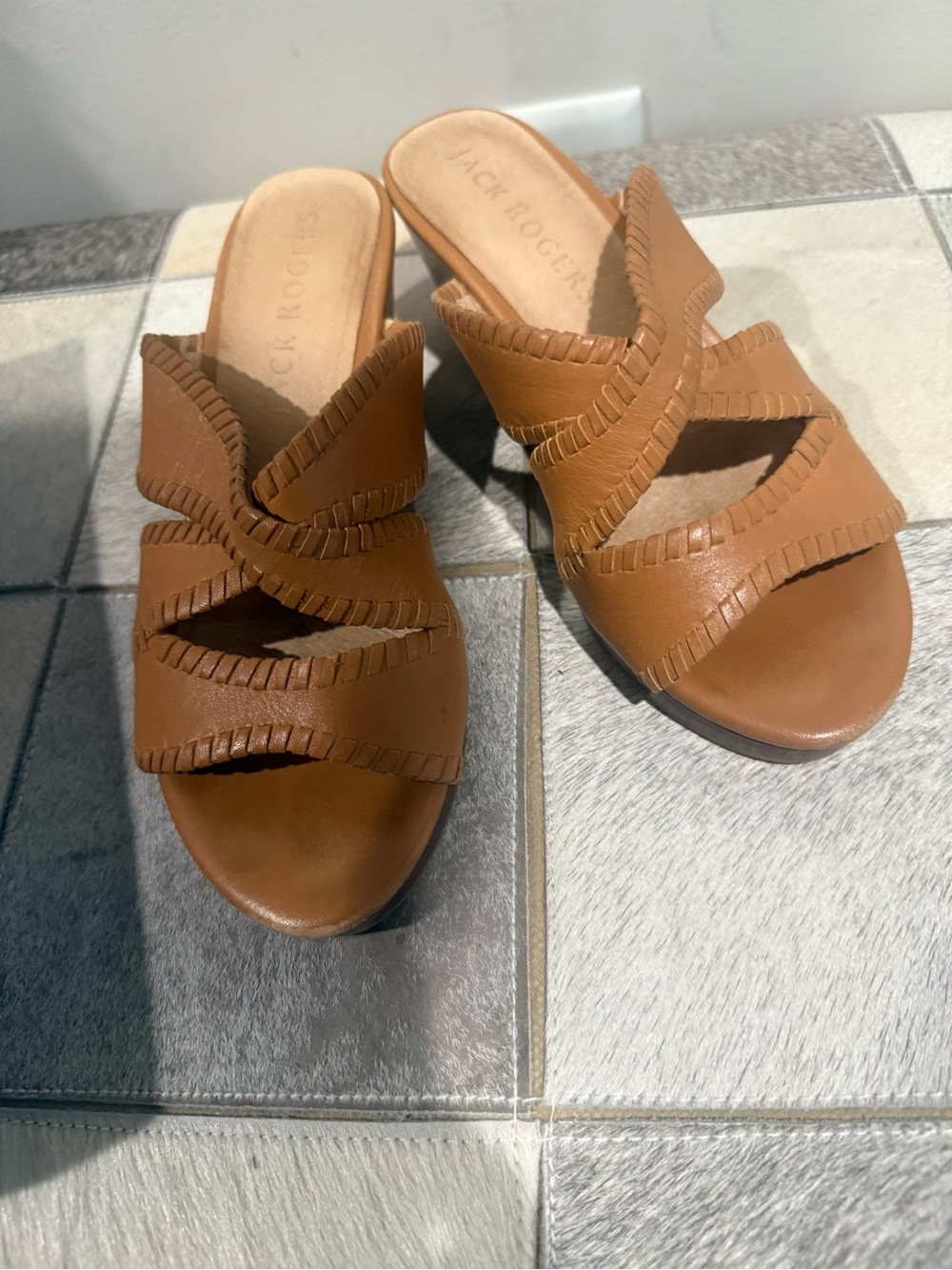 Jack Rogers Jackie Mid Wedge Caramel Leather Sandals, Size 6.5